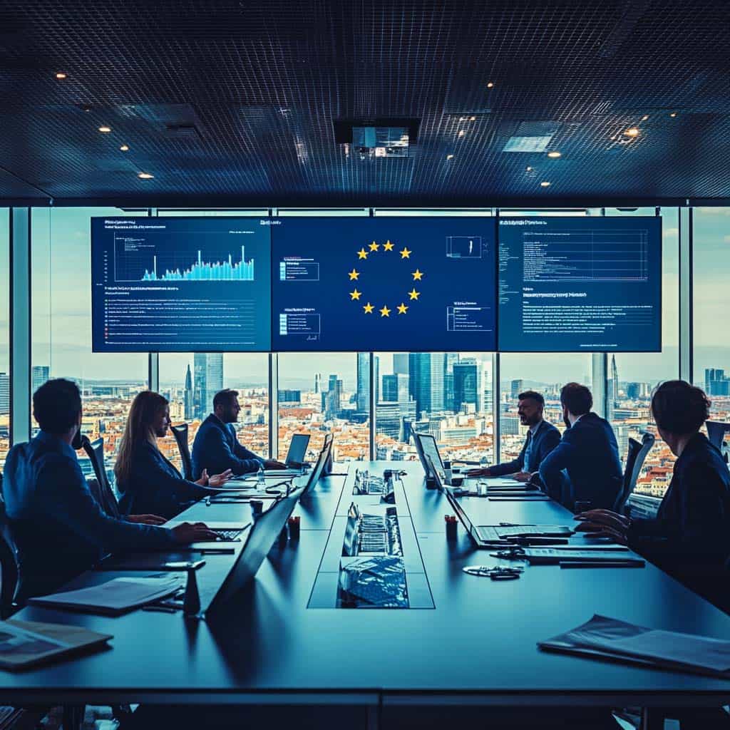 Boardroom meeting with professionals reviewing EU energy data on large screens, reflecting ENERCA's focus on audits, efficiency, and sustainability through certified and collaborative efforts.