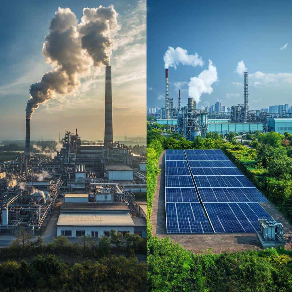 Side-by-side comparison of a polluting factory with smokestacks and a green industrial site with solar panels, representing ENERCA’s commitment to decarbonization and sustainable, innovative energy solutions.